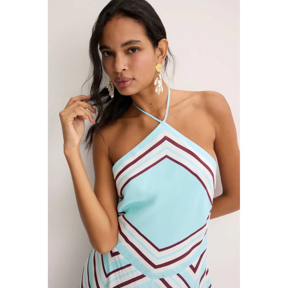 SIMKHAI Hera Halter Midi Dress Blue Chevron Striped Silk Blend Handkerchief Sz M - Picture 3 of 16